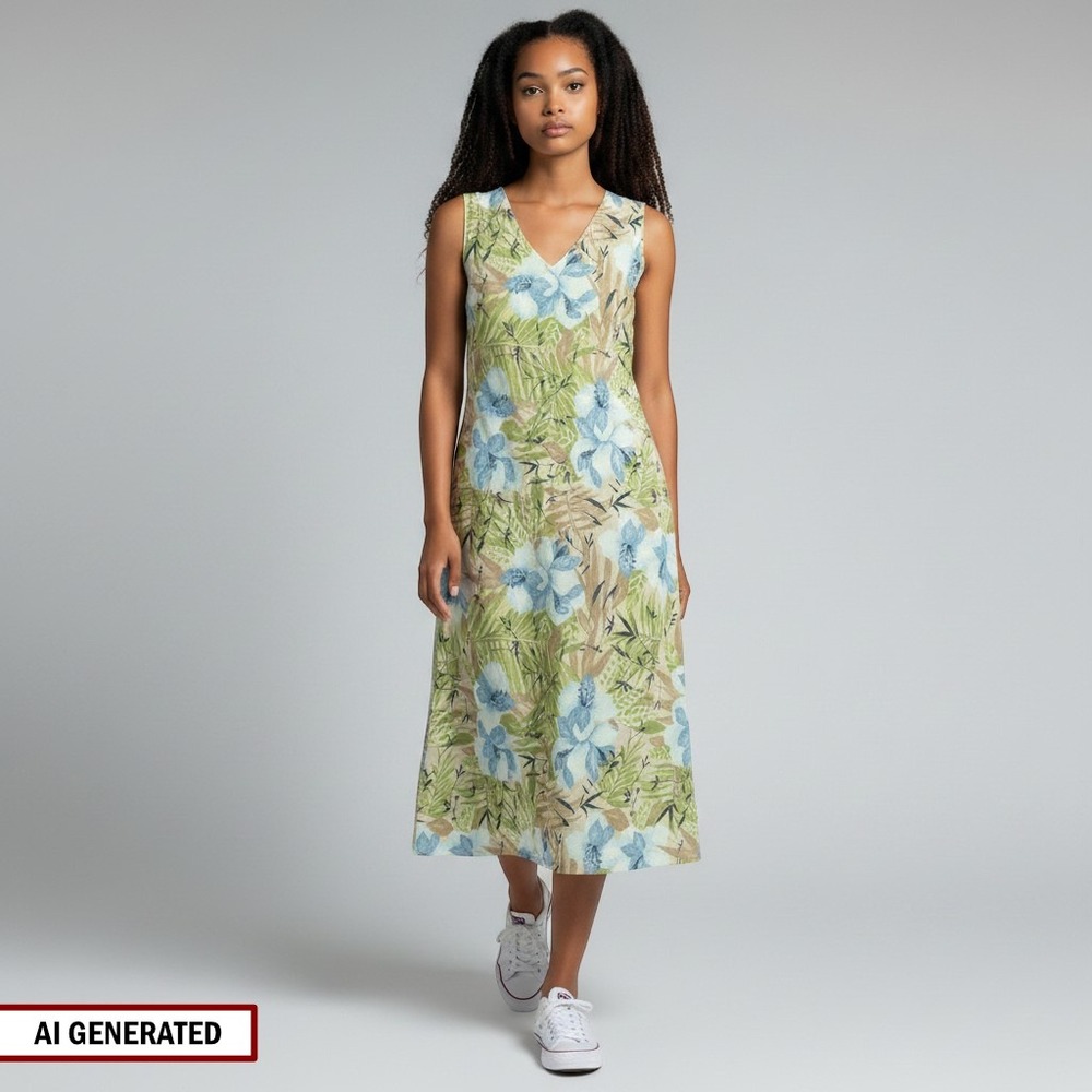 Charter Club Maxi Dress Womens Size 10 Blue Floral Linen Blend Sleeveless V-Neck